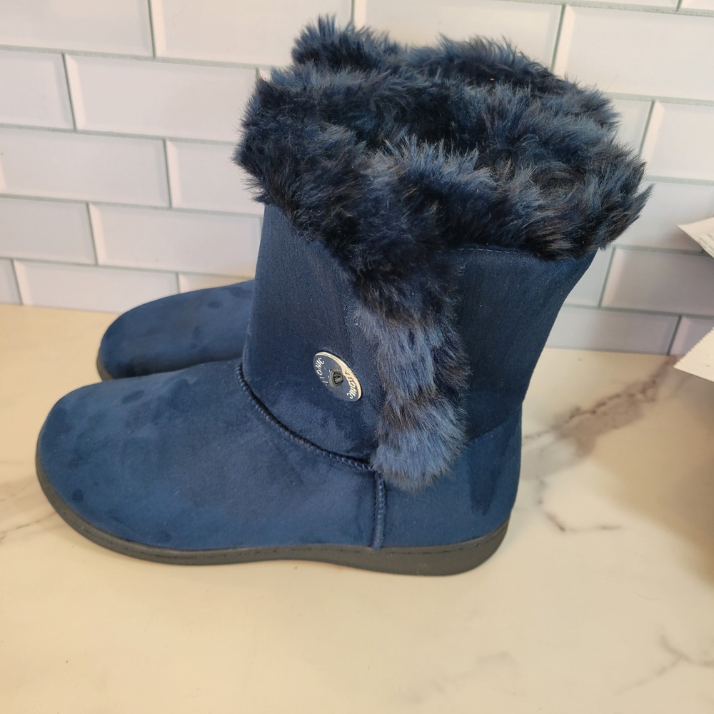Vionic Boots Womens Size 6 Navy Blue Faux Fur Lined Orthotic Button Detail Warm